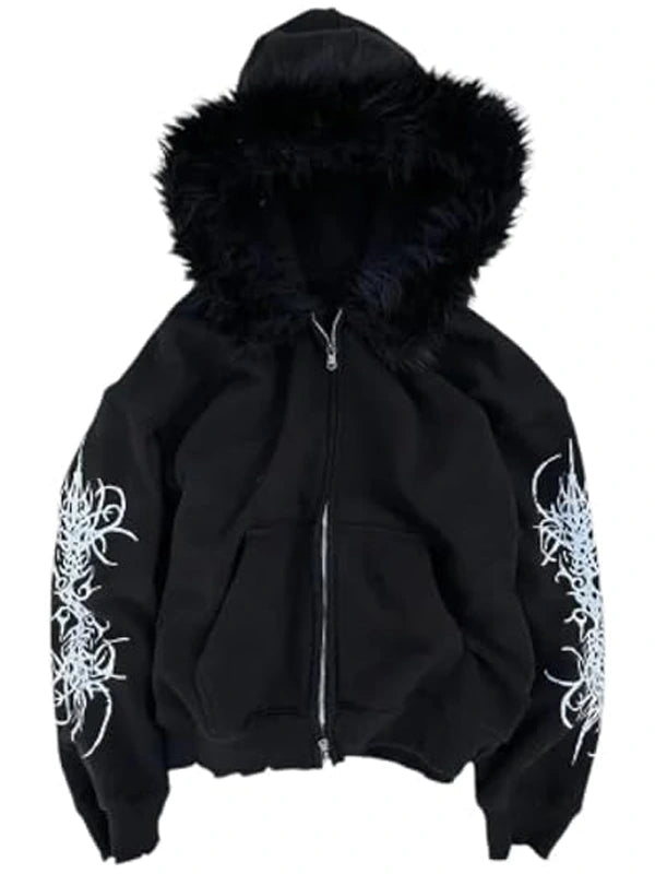 Black Fur Trimmed Gothic Cross Print Zip-Up Hoodie WAAC