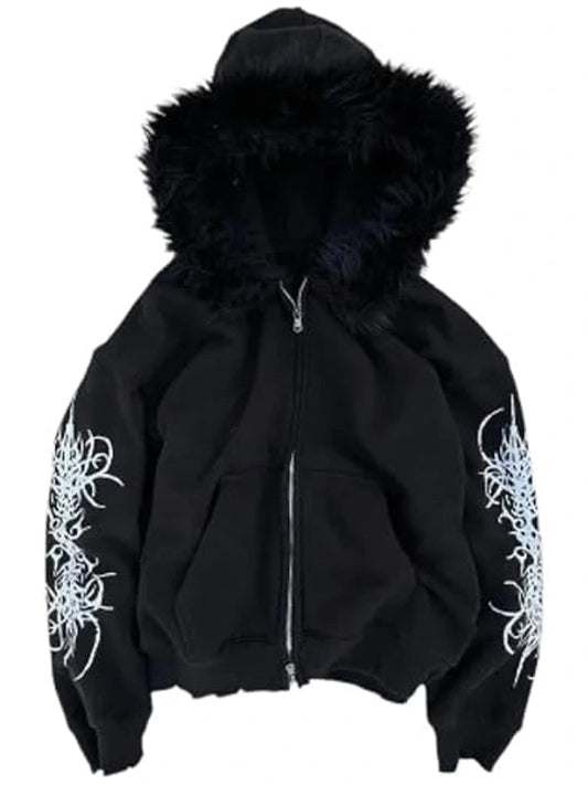 Black Fur Trimmed Gothic Cross Print Zip-Up Hoodie WAAC