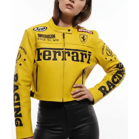 Women Ferrari Yellow Cropped Racing Jacket WAAC